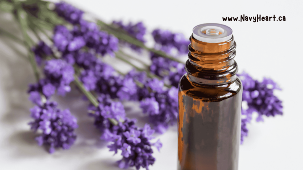 Empty essential oil bottle with fresh lavender