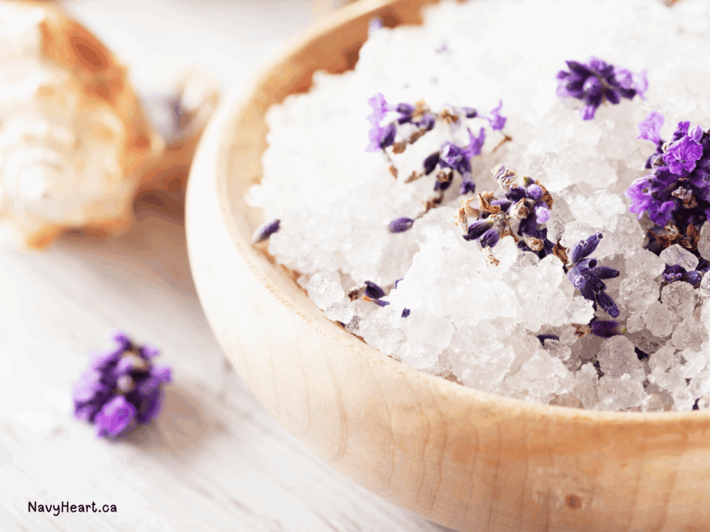 wooden bowl with lavender vanilla bath soak