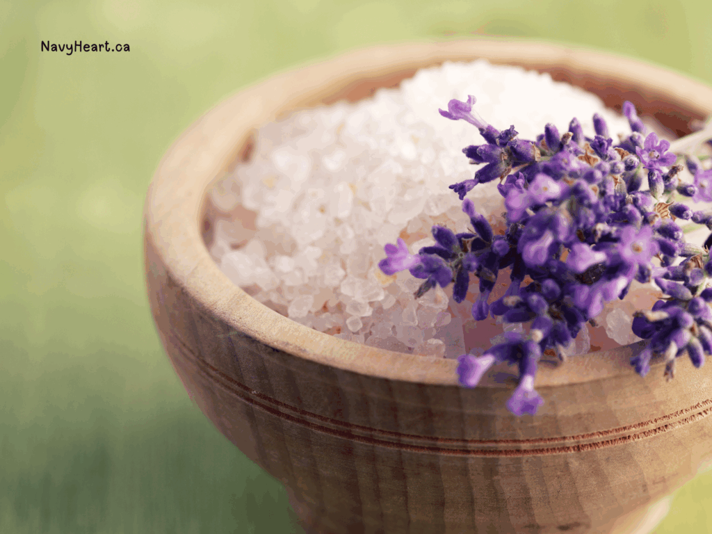 wooden bowl with green background lavender bath soak