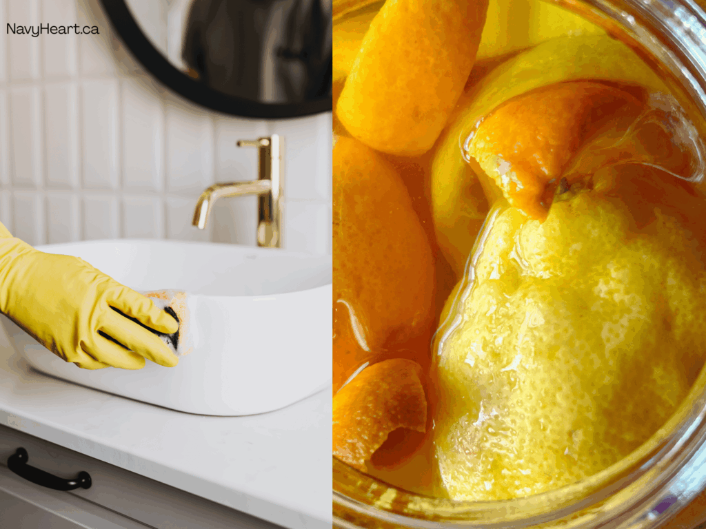 lemon and orange cleaning spray with a picture of a bathroom sink with a gold faucet