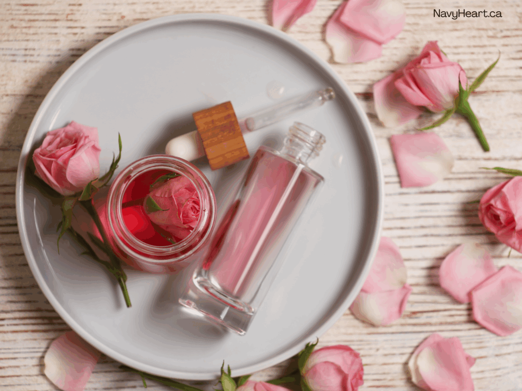 aerial view of pink rosewater on a tray surrounded by pink petals