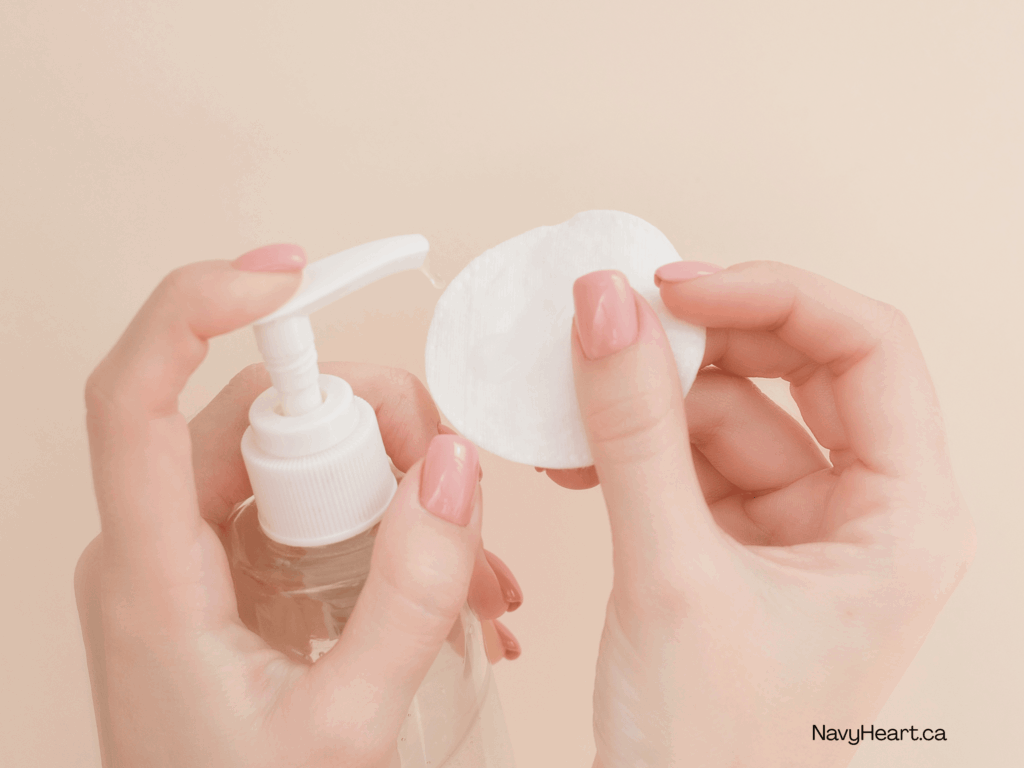 Pump bottle of rosewater facial toner and cotton pad