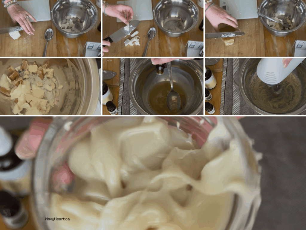 step by step pictures on how to chop the ingredients, melt and mix the salve