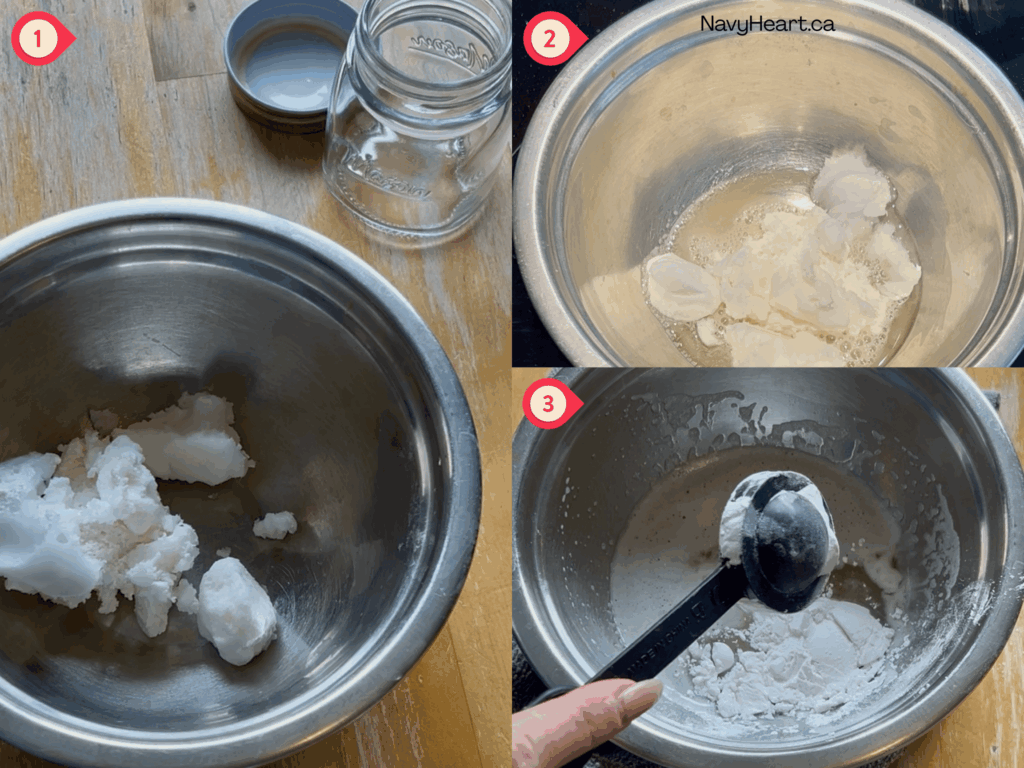 collage of the process to make your own all natural deodorant, mixing bowl with shea butter, coconut oil, melting down the ingredients and mixing arrowroot powder