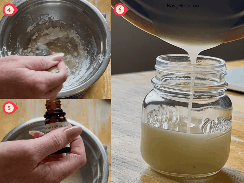 collage of the process to make your own all natural deodorant, mixing bowl with shea butter, coconut oil, melting down the ingredients and mixing arrowroot powder, adding essential oils and pouring it into a small mason jar