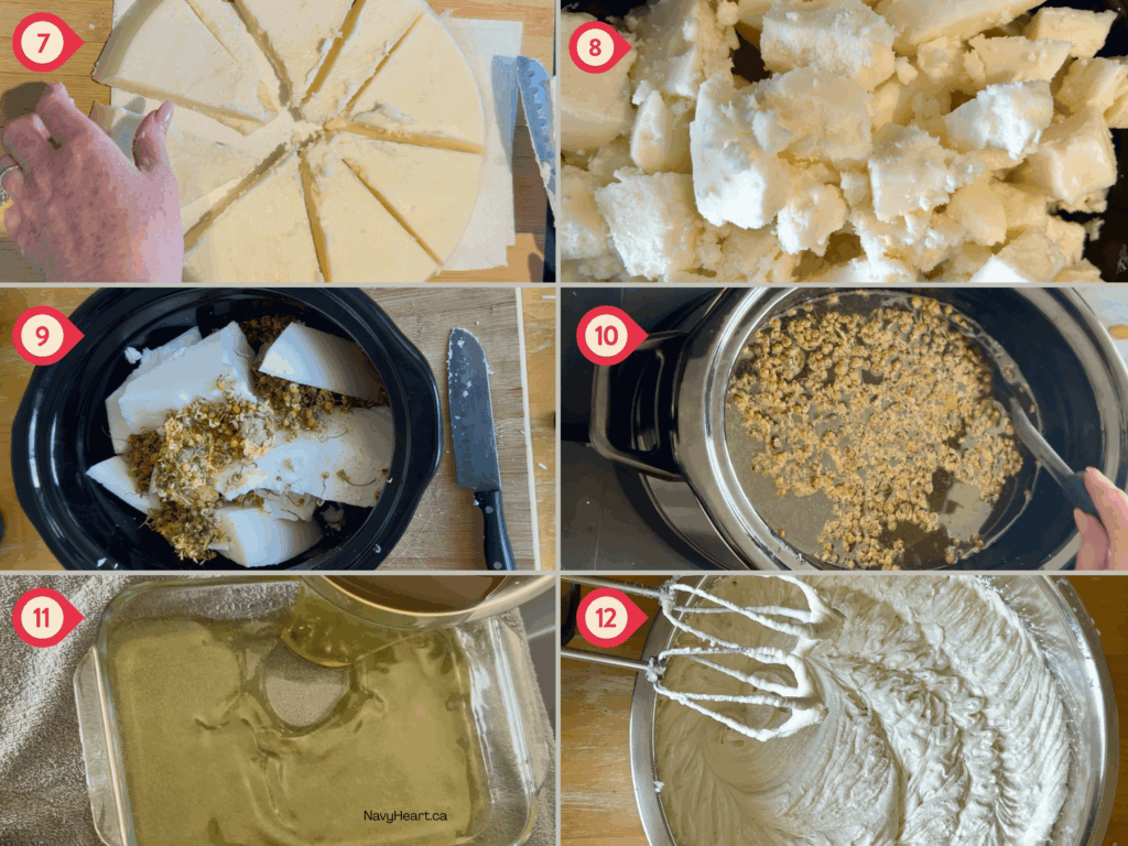 step by step process of making your own whipped tallow body butter Clean white tallow in a slow cooked with calendula and chamomile flowers with a metal mixing bowl of whipped tallow body butter 